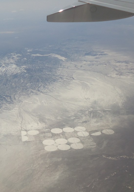 Aerial view of circular crop farms in the western United States