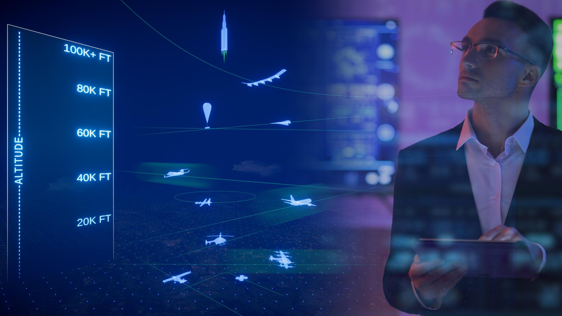NASA illustration showing future airspace layers with drones, eVTOL aircraft, helicopters, and high-altitude vehicles at different altitudes