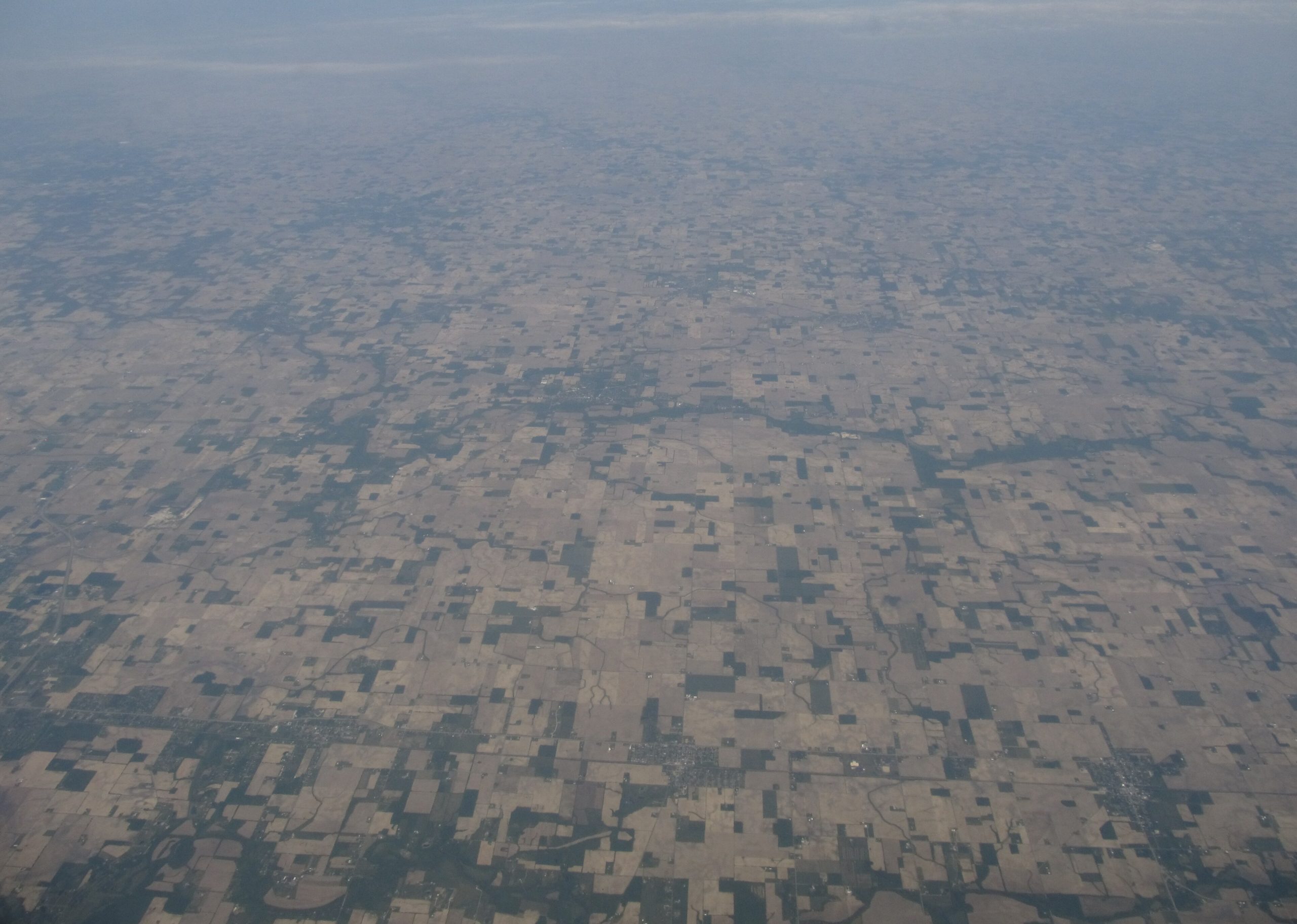 Aerial view of rural Indiana small towns and farmland in the United States.